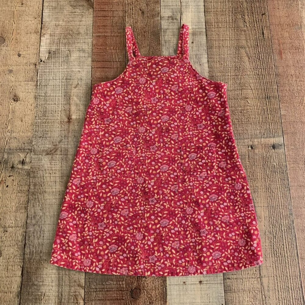 Vintage Gymboree Corduroy Floral Dress with scalloped detail pockets in red pink